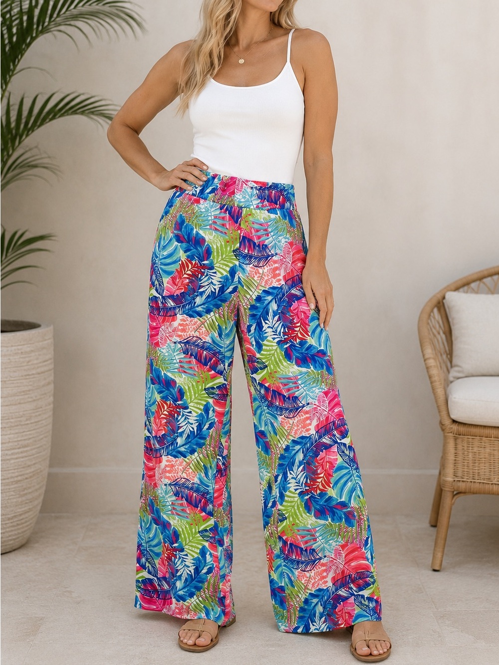 Sunny Leigh Tropical Wide Leg Palazzo Pants Pink Blue Resort Vacation Size Small
